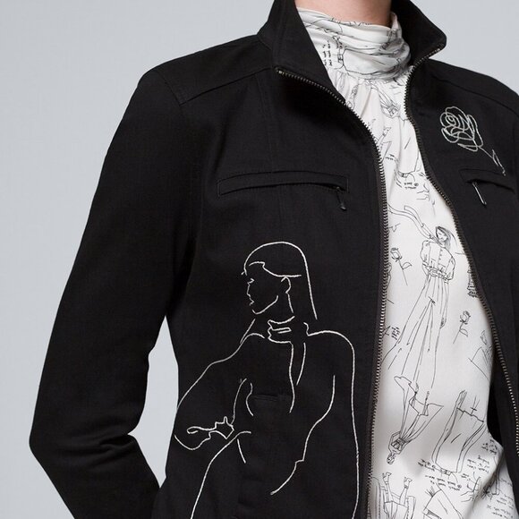 WHBM $150 35th Anniversary Embroidered Moto Jacket Denim Cotton 14 Black White - Picture 5 of 9